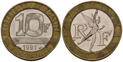 Франция 10 франков 1991 тип Гений Бастилии KM 964.1, Le Frank 375.6 биметалл 4138-332