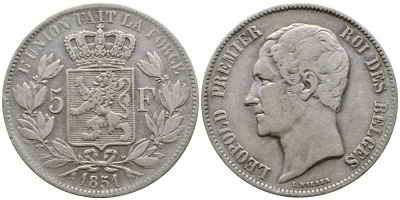 Бельгия 5 франков 1851 Леопольд I (1831-1865) KM 17 серебро 1067-1-65