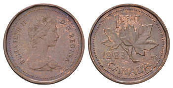 Канада 1 цент 1983 Елизавета II (1952-2022), кленовый лист KM 132 бронза 4689-325
