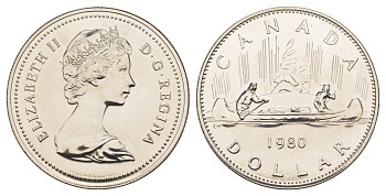 Канада 1 доллар 1980 Елизавета II (1952-2022), каноэ KM 120 никель PROOF-LIKE (BU) 4185-811