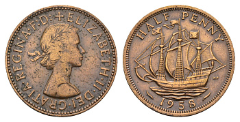 Великобритания 1/2 пенни 1958 Елизавета II (1952-2022) KM 896, Spink 4158 бронза 94-842