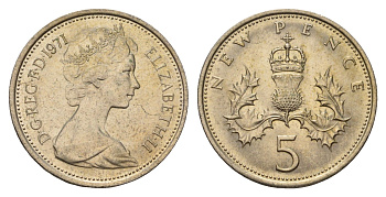 Великобритания 5 новых пенсов 1971 Елизавета II (1952-2022) KM 911, Spink 4233 (D1) медно-никель 4187-116
