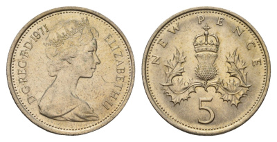 Великобритания 5 новых пенсов 1971 Елизавета II (1952-2022) KM 911, Spink 4233 (D1) медно-никель 4187-116