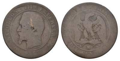 Франция 10 сантимов 1857 MA, Наполеон III (1852-1870) KM 771 бронза 4389-1023