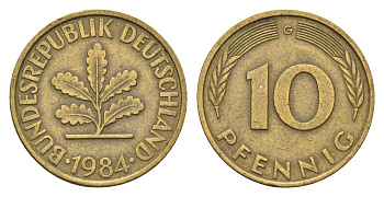 ФРГ 10 пфеннигов 1984 G KM 108, J. 383 сталь плакированная латунью 4684-1215