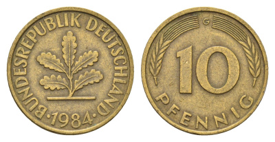 ФРГ 10 пфеннигов 1984 G KM 108, J. 383 сталь плакированная латунью 4684-1215
