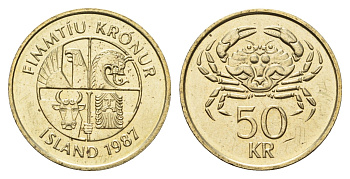 Исландия 50 крон 1987 краб KM 31 никель латунь aUNC 4652-1214