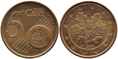 ГЕРМАНИЯ 5 ЕВРОЦЕНТОВ 2004 J KM 209 сталь плакированная медью 4390-1036