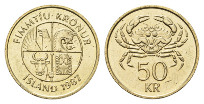 Исландия 50 крон 1987 краб KM 31 никель латунь aUNC 4652-1214