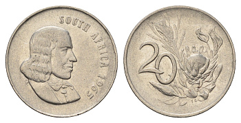 ЮАР 20 центов 1965 Ян ван Рибек (1619-1677), South Africa, легенда на английском, цветок протея KM 69.1 никель 4693-641