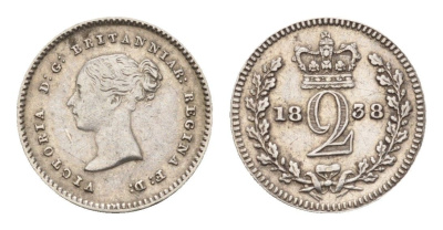 Великобритания 2 пенса 1838 Виктория (1837-1901), были отчеканены для обращения в Британской Гвиане и некоторых частях Британской Вест-Индии KM 729, Spink 3914E серебро 603-1531