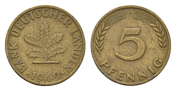 ФРГ 5 пфеннигов 1949 F KM 102, J. 377 сталь плакированная латунью 4685-365