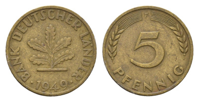ФРГ 5 пфеннигов 1949 F KM 102, J. 377 сталь плакированная латунью 4685-365