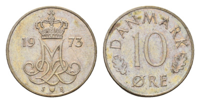 Дания 10 эре 1973 S; B, Маргрете II (1972-2024) KM 860 медно-никель 4701-938