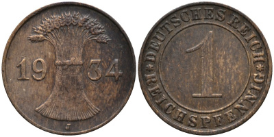 Германия 1 рейхспфенниг 1934 J KM 37 бронза 44-1252