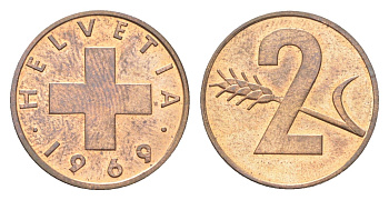 Швейцария 2 раппена 1969 KM 47 бронза UNC 4705-1215