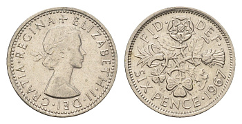 Великобритания 6 пенсов 1967 Елизавета II (1952-2022) KM 903, Spink 4149 медно-никель 192-965