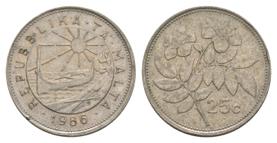 Мальта 25 центов 1986 шиповник вечнозелёный KM 80 медно-никель 4650-637