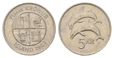 Исландия 5 крон 1987 дельфины KM 28 медно-никель 4589-852