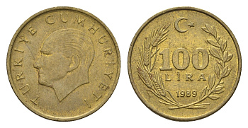 Турция 100 лир 1989 Кемаль Ататюрк KM 988 латунь UNC 4647-1268