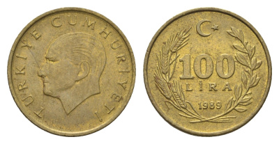 Турция 100 лир 1989 Кемаль Ататюрк KM 988 латунь UNC 4647-1268