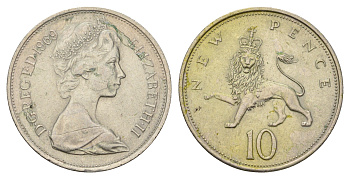 Великобритания 10 новых пенсов 1969 Елизавета II (1952-2022) KM 912, Spink 4231 (F1) медно-никель 4140-344