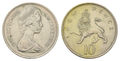 Великобритания 10 новых пенсов 1969 Елизавета II (1952-2022) KM 912, Spink 4231 (F1) медно-никель 4140-344