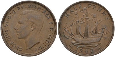 Великобритания 1/2 пенни 1947 Георг VI (1936-1952) KM 844, Spink 4115 бронза 4146-241