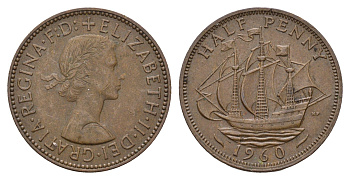 Великобритания 1/2 пенни 1960 Елизавета II (1952-2022) KM 896, Spink 4158 бронза 94-956