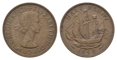 Великобритания 1/2 пенни 1960 Елизавета II (1952-2022) KM 896, Spink 4158 бронза 94-956