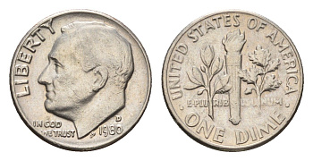 США 1 дайм (10 центов) 1980 D, Рузвельт KM 195a медь плакированная медно-никелем 4685-527