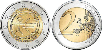 Франция 2 евро 2009 10 лет монетарной политики ЕС (EMU) и введения евро KM 1590 биметалл UNC M44-11