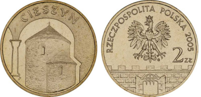 Польша 2 злотых 2005 MW, серия польские города, Цешин (Cieszyn) KM 753, Parchimowicz 962 латунь UNC 603-944
