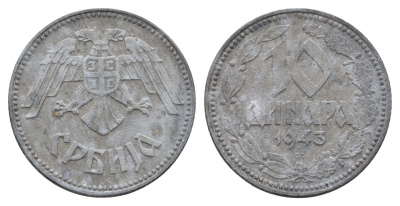Сербия 10 динаров 1943 год-тип KM 33 цинк 4688-731