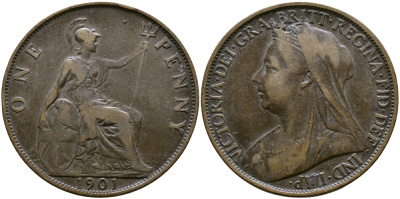 Великобритания 1 пенни 1901 Виктория (1837-1901) KM 790, Spink 3961 бронза    4364-4041