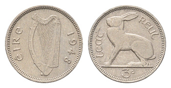Ирландия 3 пенса 1948 заяц KM 12a медно-никель 4696-435