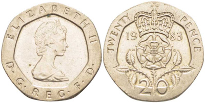 Великобритания 20 пенсов 1983 Елизавета II (1952-2022) KM 931, Spink 4230 (G1) медно-никель 175-626