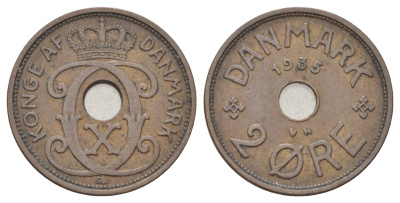 Дания 2 эре 1935 N, Кристиан X (1912-1947) KM 827 бронза 4701-824