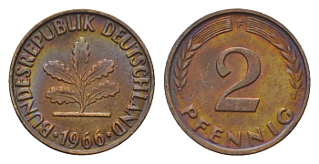 ФРГ 2 пфеннига 1966 F KM 106, J. 381 бронза 99-912