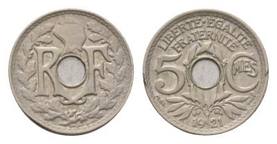 Франция 5 сантимов 1921  KM 875, Le Franc 122.3 медно-никель    4124-262