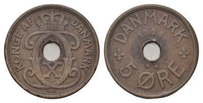 Дания 5 эре 1928 N, Кристиан X (1912-1947) KM 828 бронза 4700-815