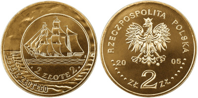 Польша 2 злотых 2005 MW, история польского злотого, парусник KM 521, Parchimowicz 951 нордик  UNC 4565-216