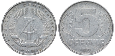 ГДР 5 ПФЕННИГОВ 1975 A KM 9.1 алюминий 62-334