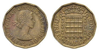 Великобритания 3 пенса 1964 Елизавета II (1952-2022) KM 900, Spink 4153 никель латунь 4699-442