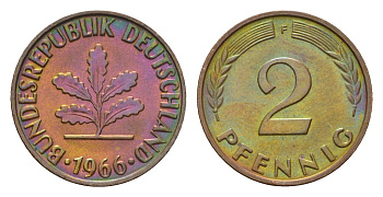 ФРГ 2 пфеннига 1966 F KM 106, J. 381 бронза 4124-731