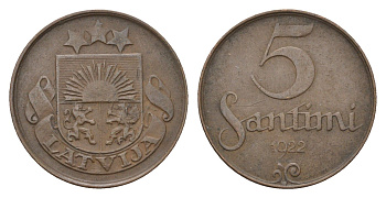 Латвия 5 сантимов 1922 KM 3 бронза 4689-958