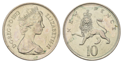 Великобритания 10 новых пенсов 1973 Елизавета II (1952-2022) KM 912, Spink 4231 (F1) медно-никель 4140-536