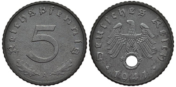 ГЕРМАНИЯ 5 РЕЙХСПФЕННИГОВ 1941 A KM 100, Jager 370 цинк 4547-669