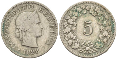 ШВЕЙЦАРИЯ 5 РАППЕНОВ 1898 В KM 26 медно-никель 3955-1119
