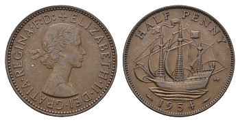 Великобритания 1/2 пенни 1954 Елизавета II (1952-2022) KM 896, Spink 4158 бронза 4519-1137